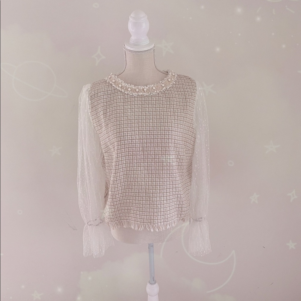 SHEIN Tweed Shirt With Lace Sleeves👛